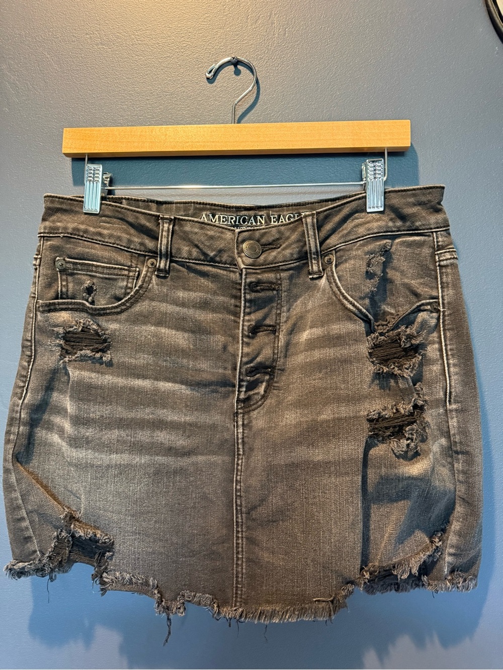 American Eagle Distressed Black Denim Mini Skirt